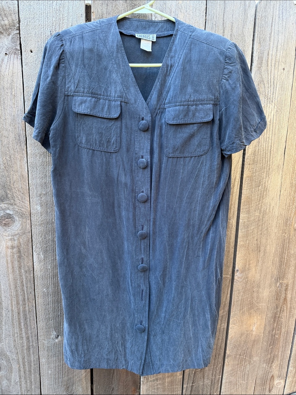 Vintage black silk Short Sleeve Button-Front Midi Dress or shirt